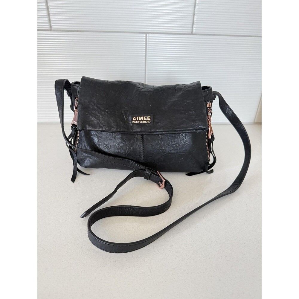 Aimee Kestenberg Crossbody Bag Womens Medium Black Leather Zip Pocket Purse